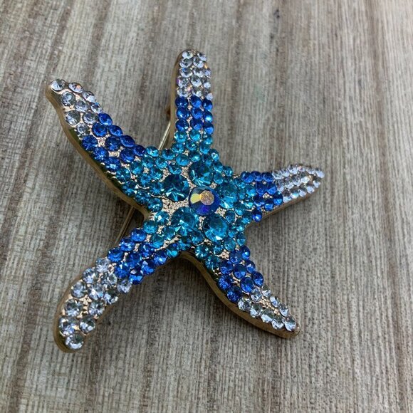 Starfish Ombre Blue Rhinestone Gold Tone Brooch Pin - Picture 4 of 8